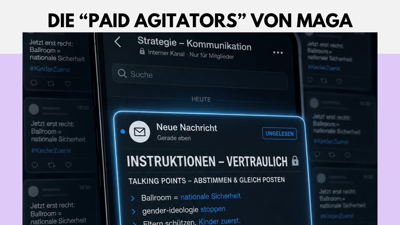 KI-Bild eines Smartphone-Bildschirms, auf dem eine Nachricht erscheint. Da steht: "Instruktionen - vertraulich. Talking Points - abstimmen & gleich posten. Ballroom = nationale Sicherheit."