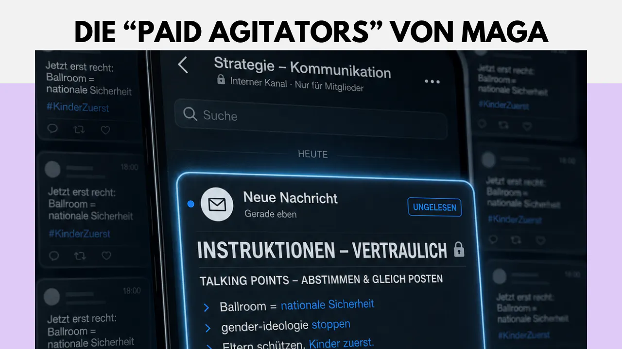 KI-Bild eines Smartphone-Bildschirms, auf dem eine Nachricht erscheint. Da steht: "Instruktionen - vertraulich. Talking Points - abstimmen & gleich posten. Ballroom = nationale Sicherheit."
