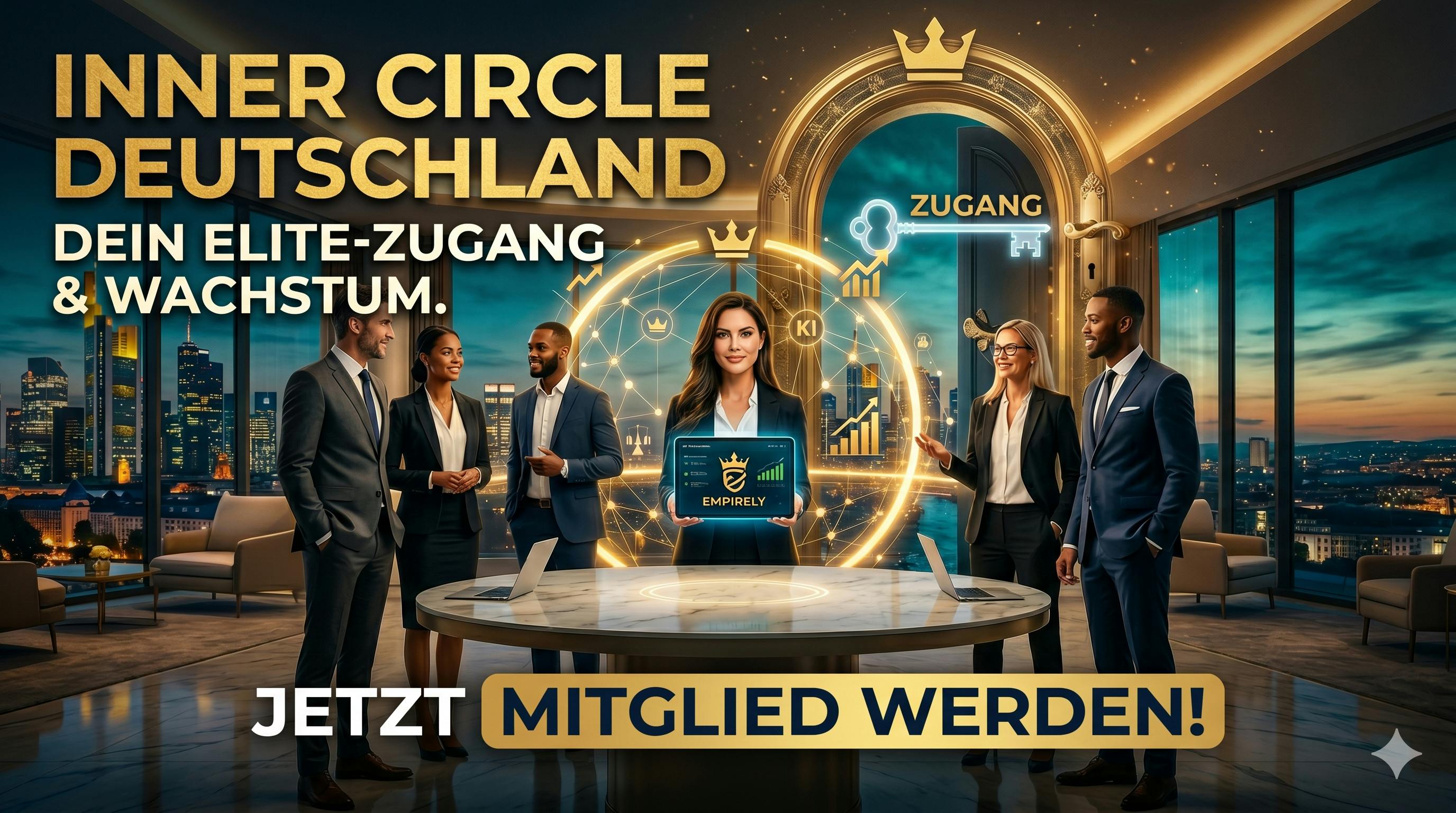 Werbebild für den EMPIRELY Deutschland Inner Circle: Eine Gruppe erfolgreicher Unternehmer in einem modernen Hochhausbüro mit Skyline-Blick. In der Mitte präsentiert eine Frau ein Tablet mit dem Empirely-Logo, umgeben von leuchtenden KI- und Netzwerk-Grafiken. Text im Bild: Inner Circle Deutschland - Dein Elite-Zugang & Wachstum. Jetzt Mitglied werden!