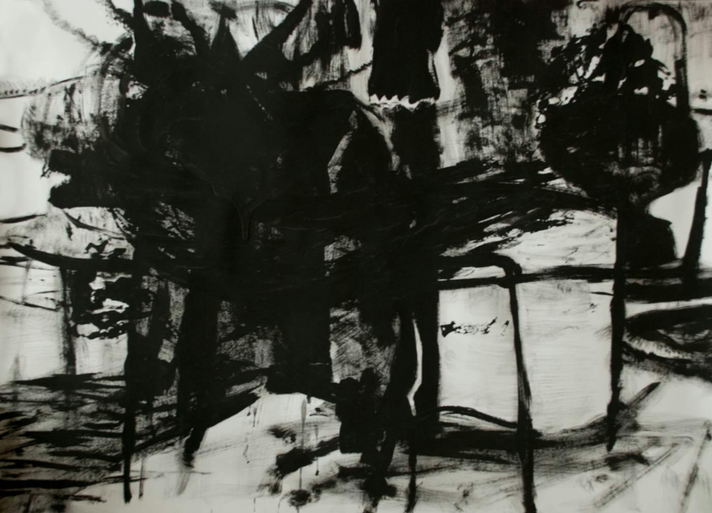 A painting by myself, depicted some chairs and then destroyed it by painting it over randomly with black.