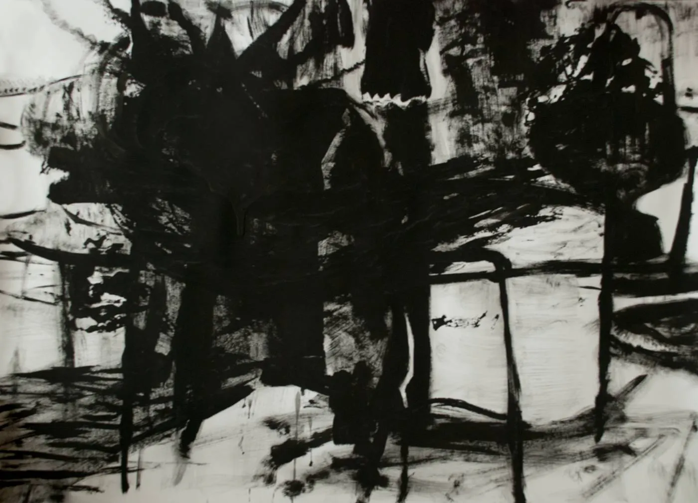 A painting by myself, depicted some chairs and then destroyed it by painting it over randomly with black.