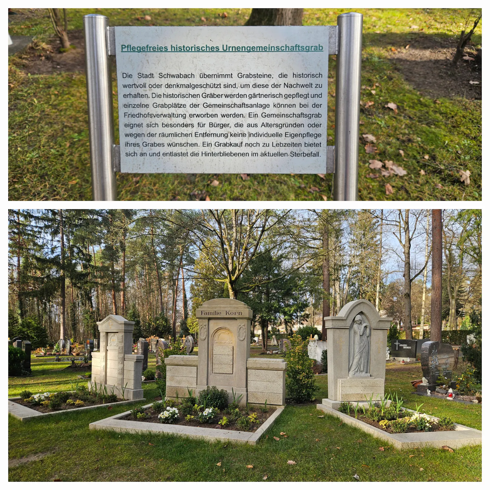 neue Gemeinschaftsgräber auf dem Schwabacher Friedhof. Personen ohne familiäre Verbindung teilen sich ein historisches Grab.