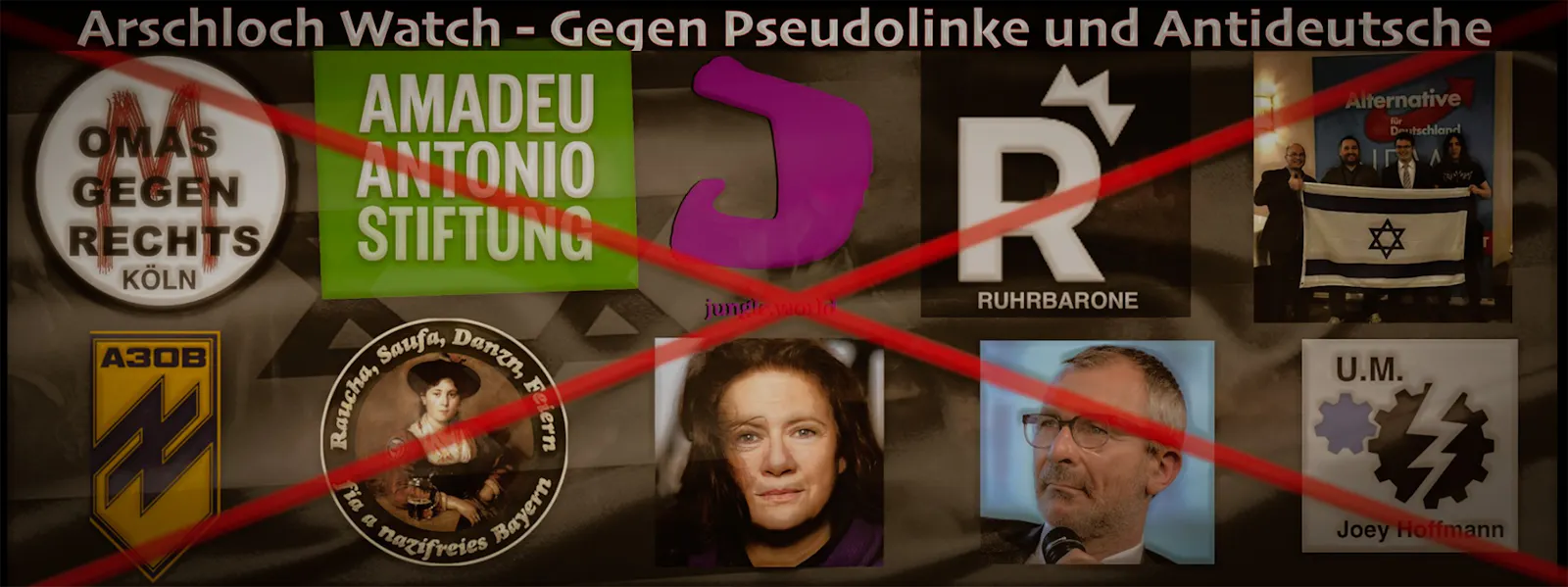 Titelbild von Arschloch-Watch: Es sind zehn Logos von Protagonisten abgebildet.