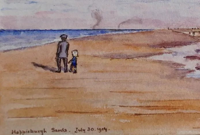 Detail from Happisburgh Sands, July 30 1914, a watercolour by Robert Quilter Gilson, © Estate of R.Q. Gilson.
