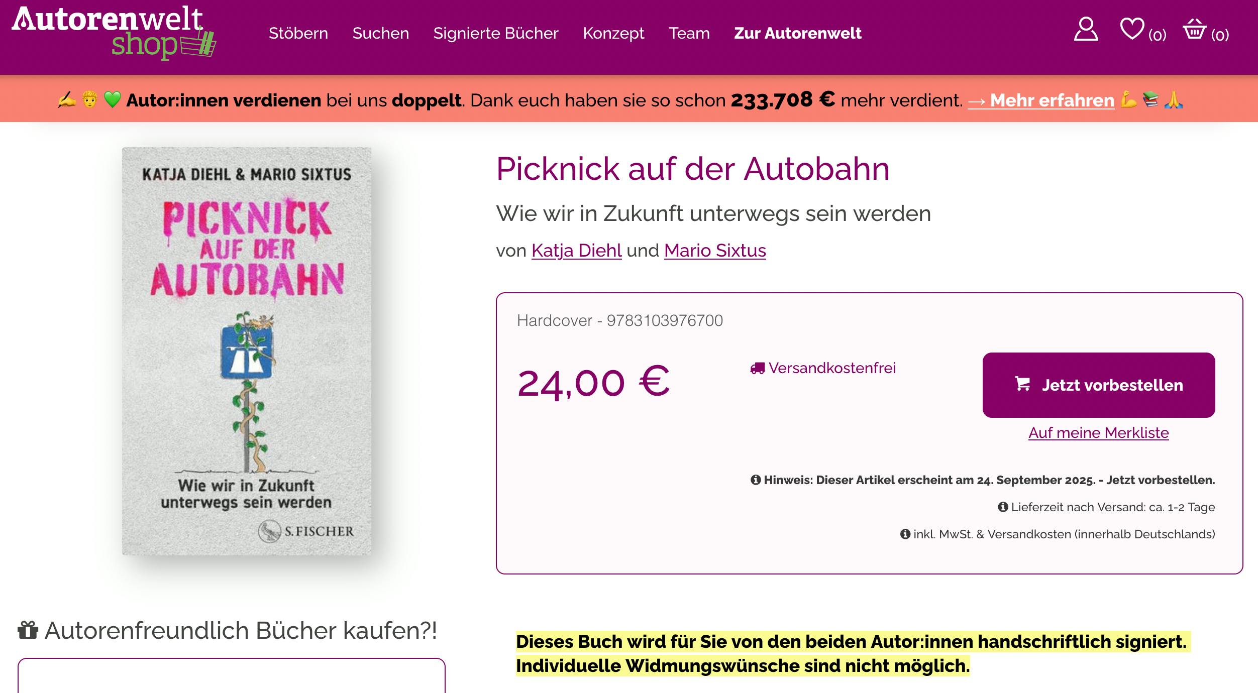 Screenshot der Aktionsseite auf Autorenwelt.