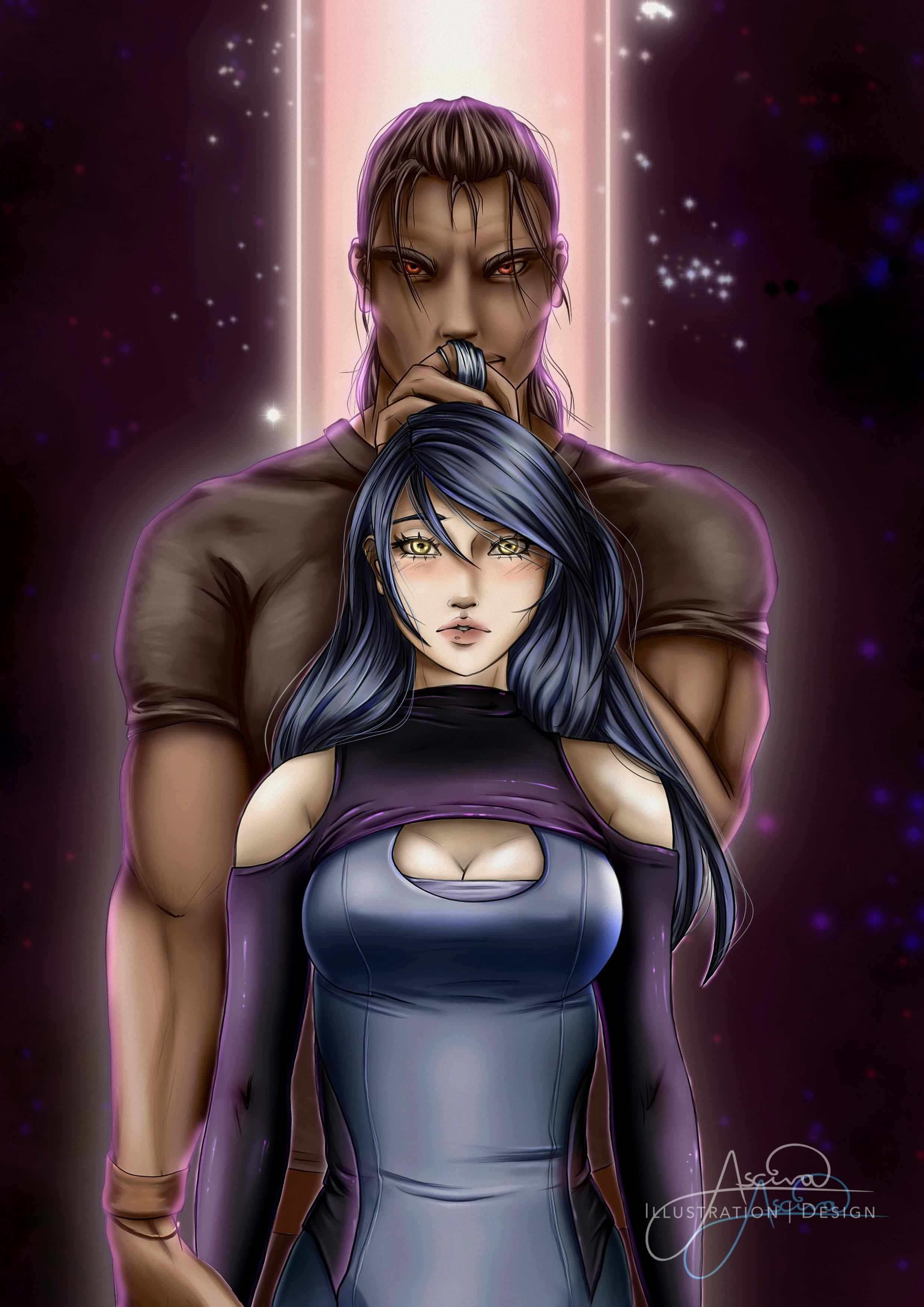 Digitale Zeichnung einer jungen Frau mit langem blauen Haar, die vor einem Mann mit roten Augen steht, der eine ihrer Haarsträhnen an seine Lippen führt.