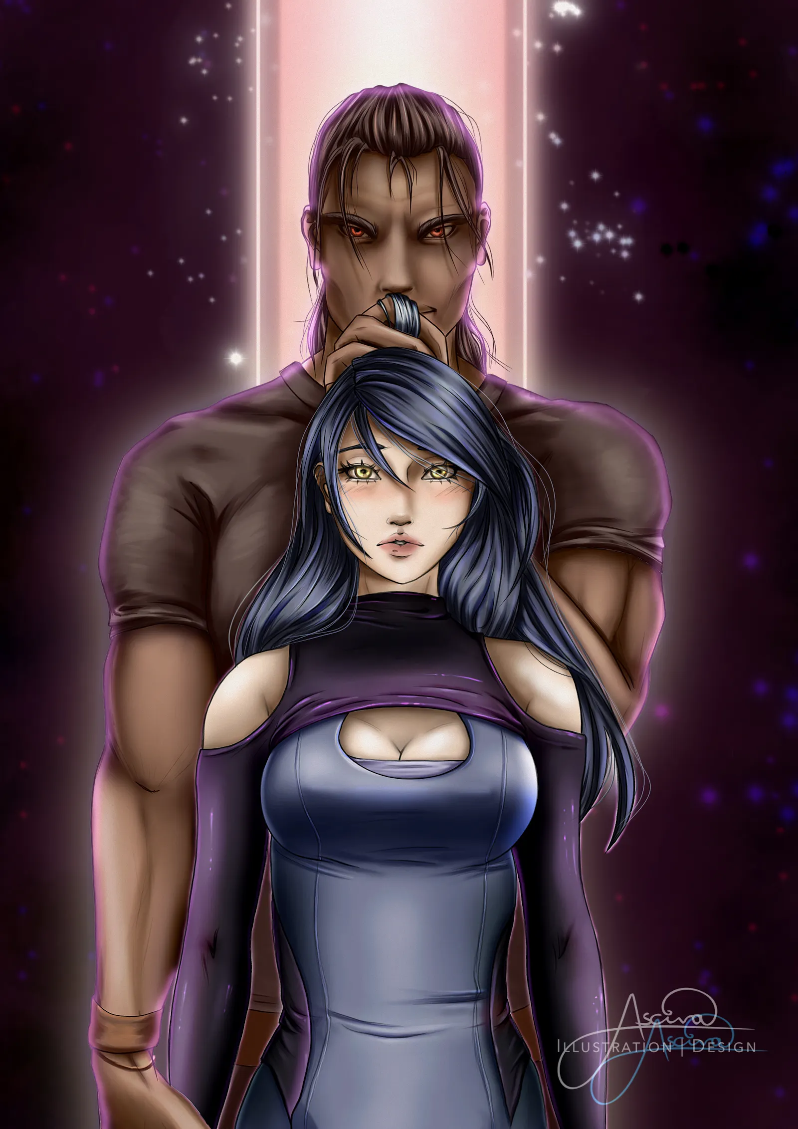 Digitale Zeichnung einer jungen Frau mit langem blauen Haar, die vor einem Mann mit roten Augen steht, der eine ihrer Haarsträhnen an seine Lippen führt.