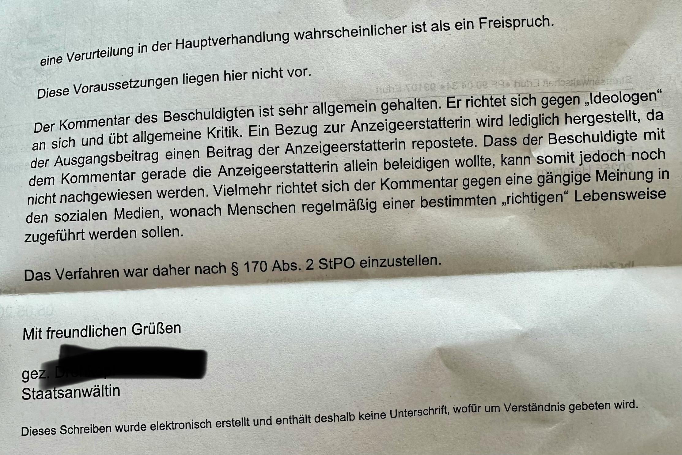Begründung der Staatsanwältin zur Einstellung