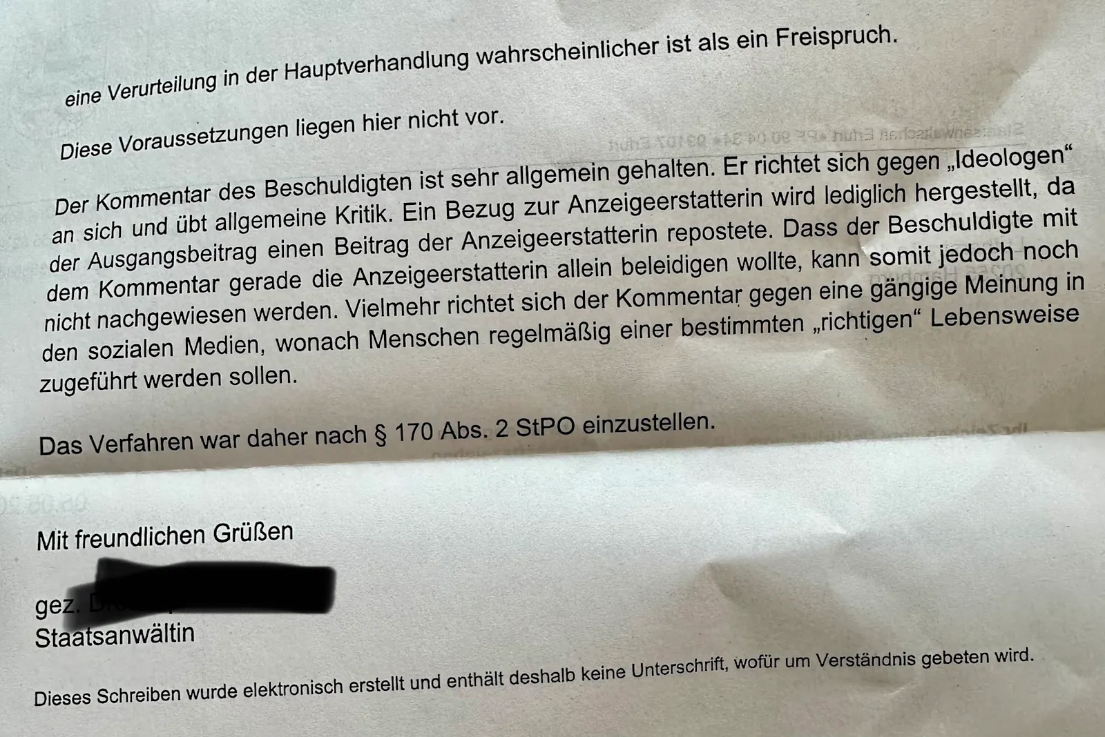 Begründung der Staatsanwältin zur Einstellung