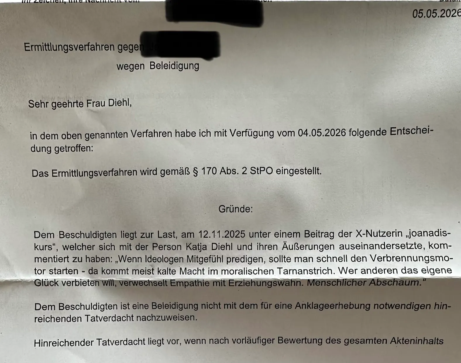 Schreiben der Staatsanwaltschaft, dass das Ermittlungsverfahren eingestellt wird