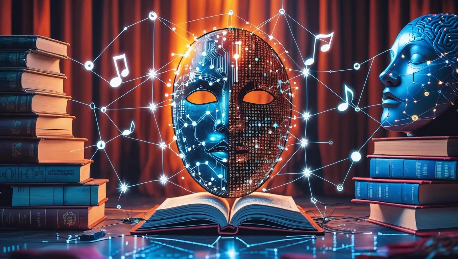 Wie wirken KI und Kultur zusammen? Dies zeigt sich in diesem Bild, wo eine elektrische Maske auf Bücher und Musik zugreift.