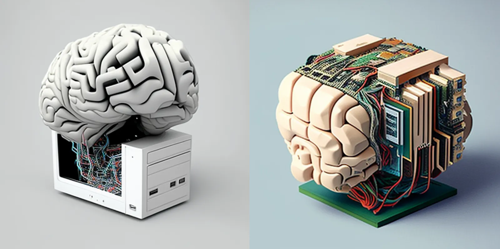 Zwei Gehirne, die mit Computerteilen verschmolzen sind