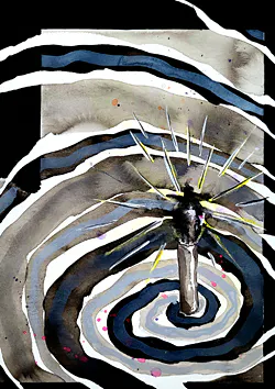 Aquarell, vorwiegend schwarz, grau und blau, im Zentrum einer Spiralform eine dunkle Kerze.
Ich kann den Alt-Text weglassen, wenn das Bild rein dekorativ ist. Wer kann sagen, was dekorativ ist. Übrigens ein schönes Thema für die Zukunft.
