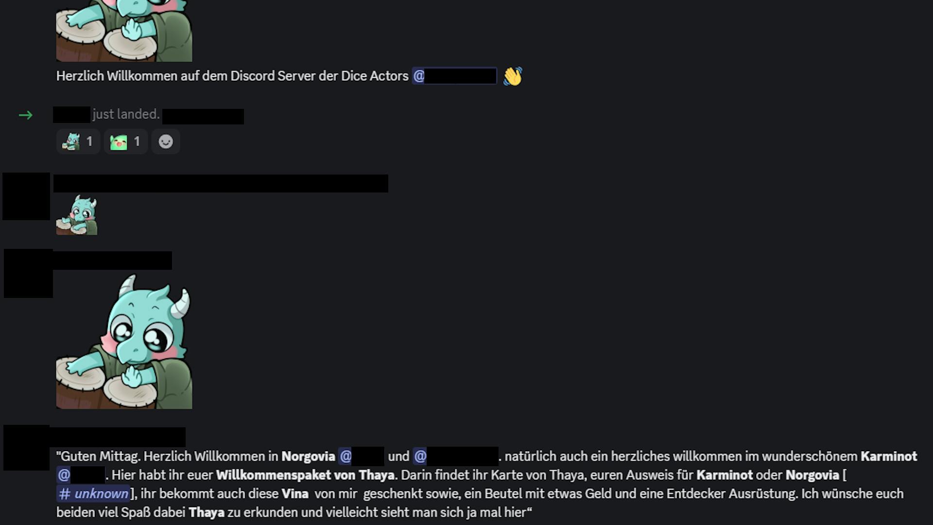 Ein Screenshot vom Discordserver. Die Taverne besteht aus trommelnden Medrashs und Willkommensnachrichten.