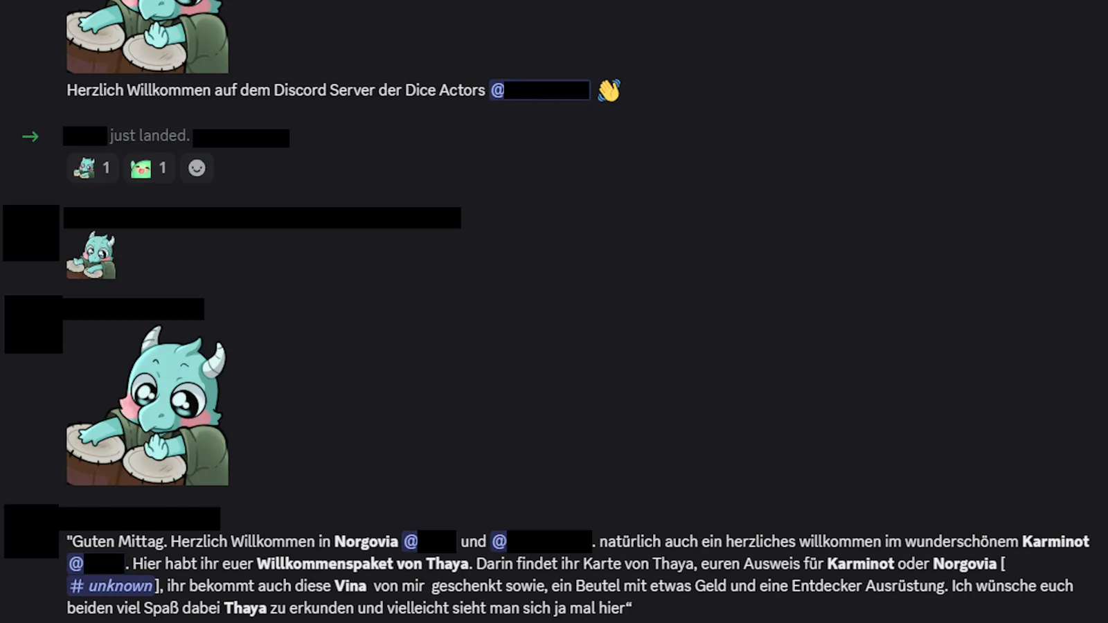Ein Screenshot vom Discordserver. Die Taverne besteht aus trommelnden Medrashs und Willkommensnachrichten.