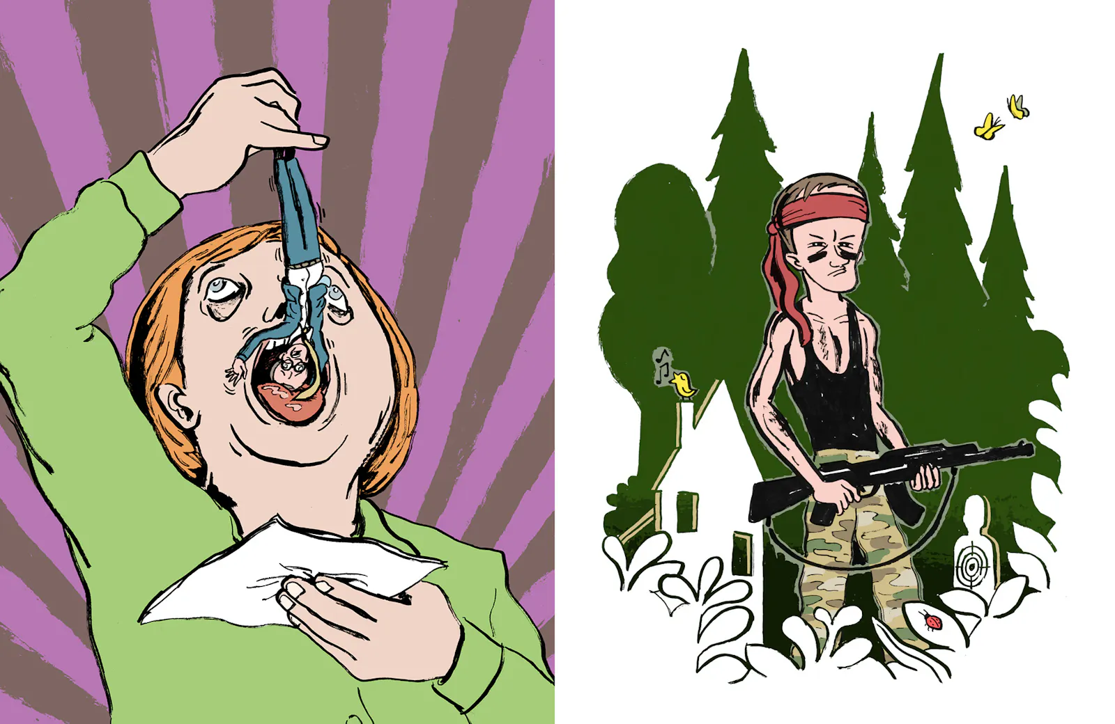 Zwei Bilder.
Bild 1: Angela Merkel verspeist Friedrich Merz.
Bild 2: Friedrich Merz in Guerilla-Outfit mit Kriegsbemalung im Gesicht und Gewehr in der Hand.