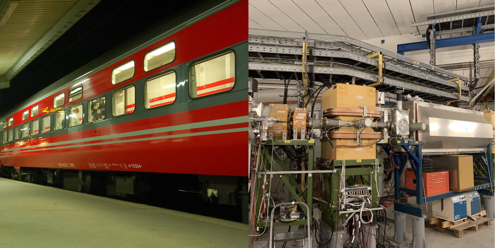 Links: Ein norwegischer Nachtzug, Rechts: Der CRYRING-Speicherring an der GSI Darmstadt