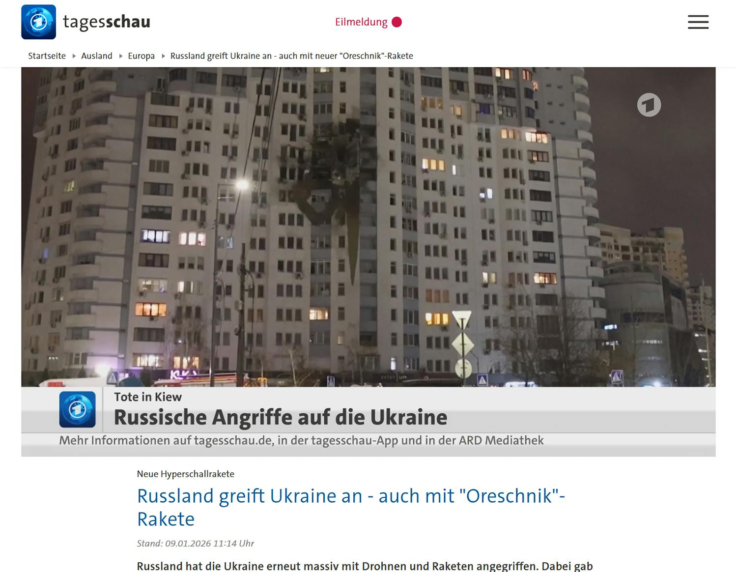 Screenshot der Meldung der Tagesschau