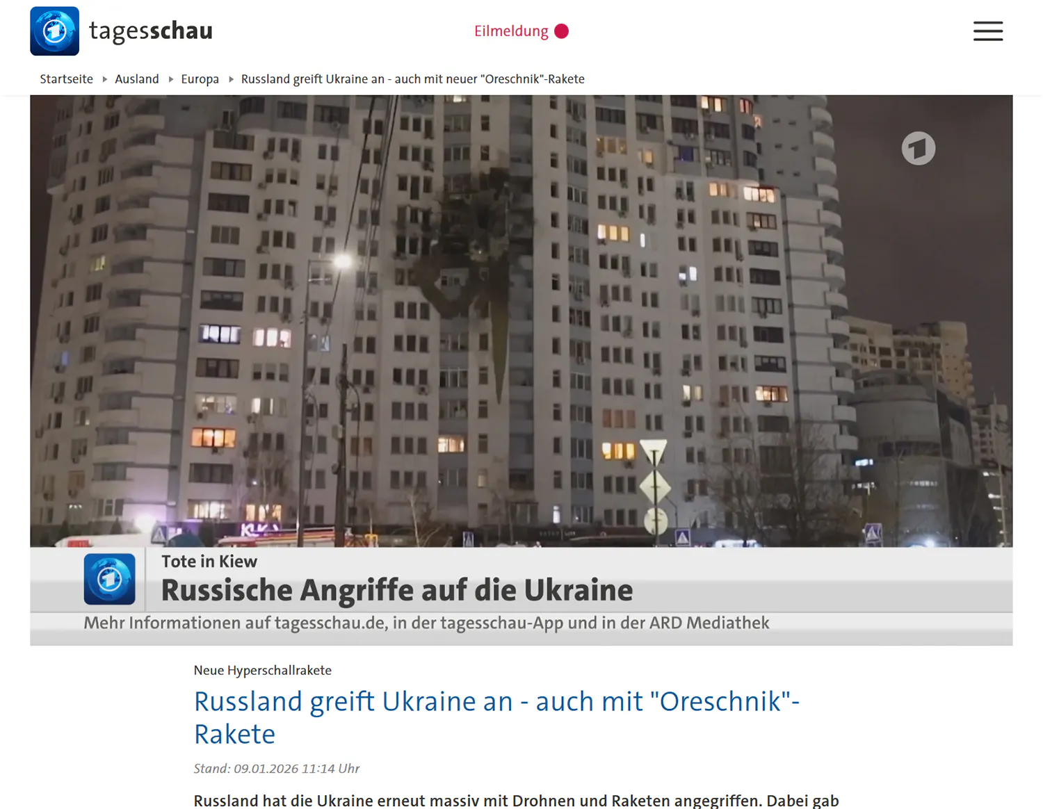 Screenshot der Meldung der Tagesschau