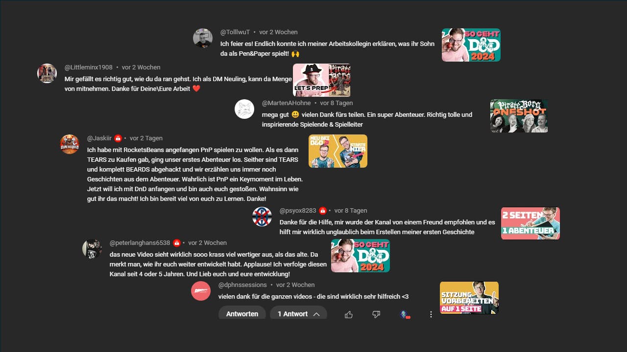 Eine Sammlung von positiven Kommentaren auf dunklem Hintergrund. Die meisten Kommentare beziehen sich auf die "klassischen" Spielleitungs-Hilfen und Videos, die beim Einstieg in das Hobby helfen.
