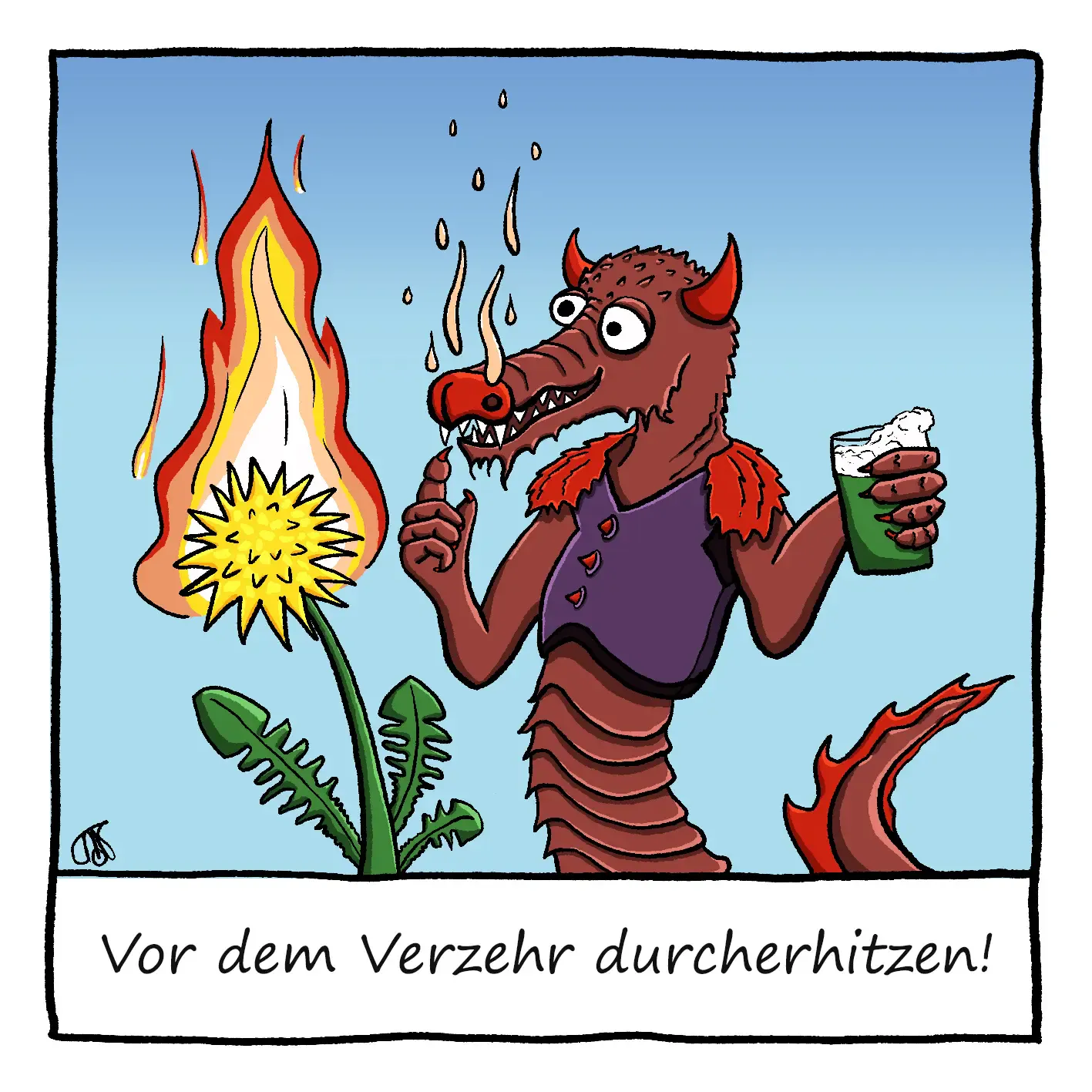 Cartoon: Drache speit Feuer auf eine Löwenzahnblume und hält einen grünen Smoothie in der Hand