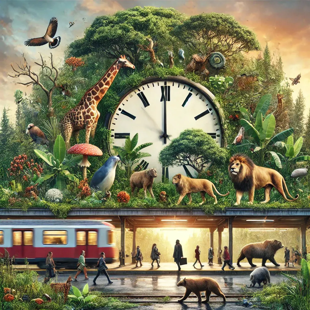 Ein surreales Bild, Bäume, wilde Tiere, Pflanzen, Menschen, eine riesige Uhr über einer Bahnhaltestelle.