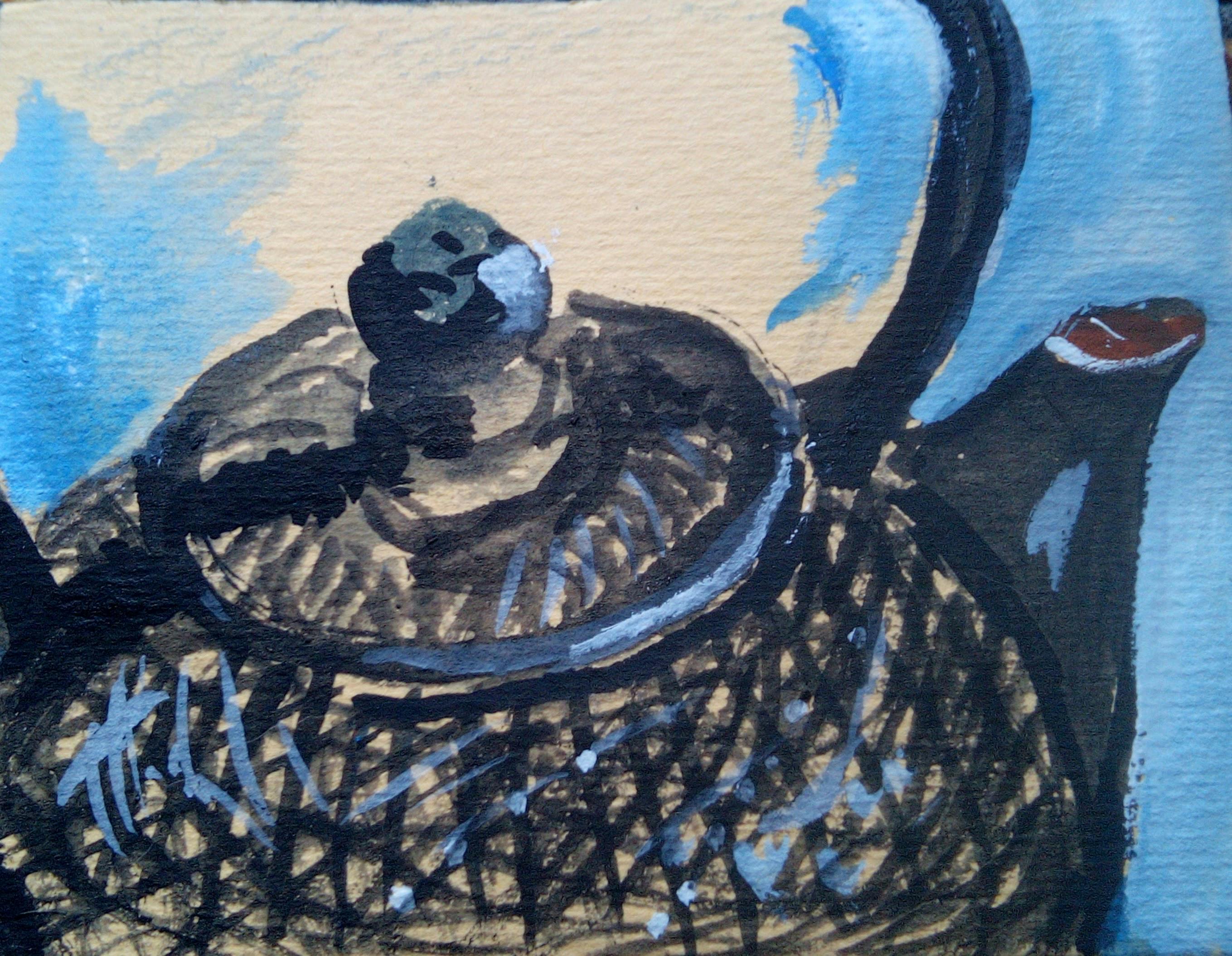 A gouache painting of a black cast iron Japanese teapot from the top to a third down, with cross hatched sides. A pale blue background on cream coloured watercolour paper.
