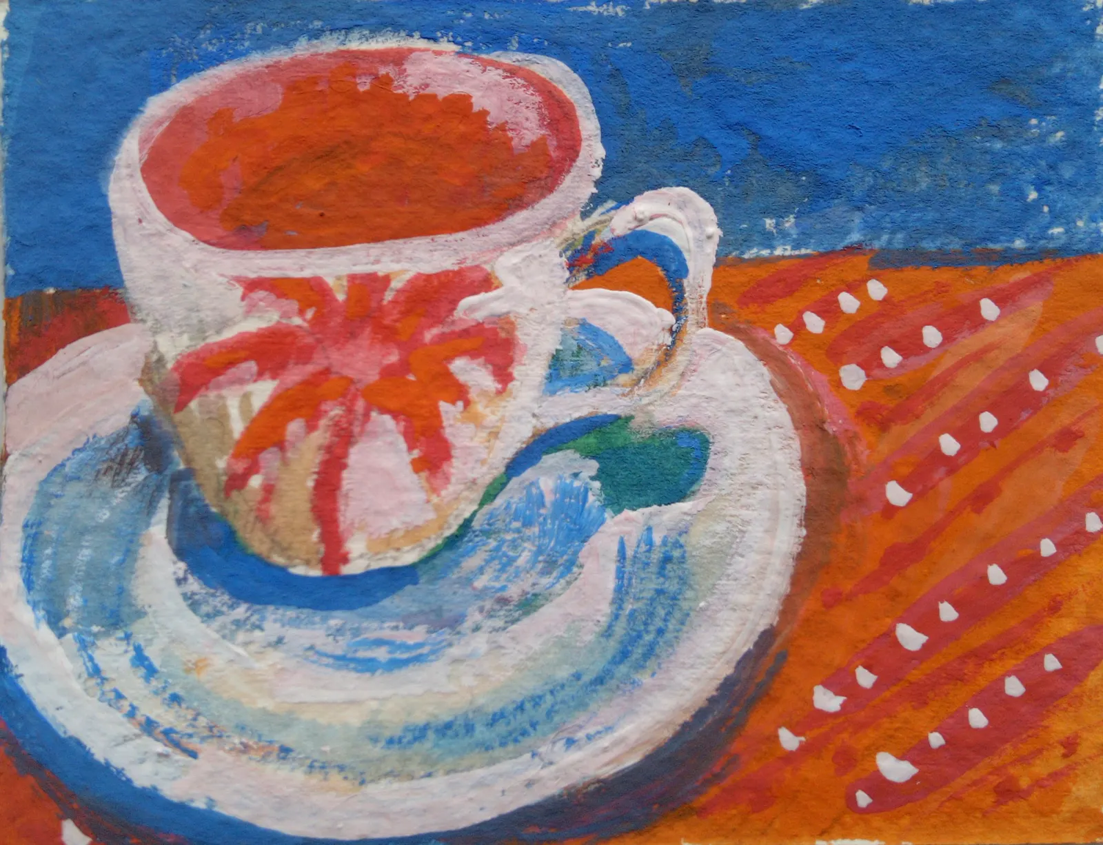 A gouache painting of a white tea cup with pink coconut tree on its side. The cup sits on a white saucer with blue shadows. The cup and saucer sit on a pink and orange striped cloth. There are white dots on the pink stripes. The upper third of the painting is bright blue.