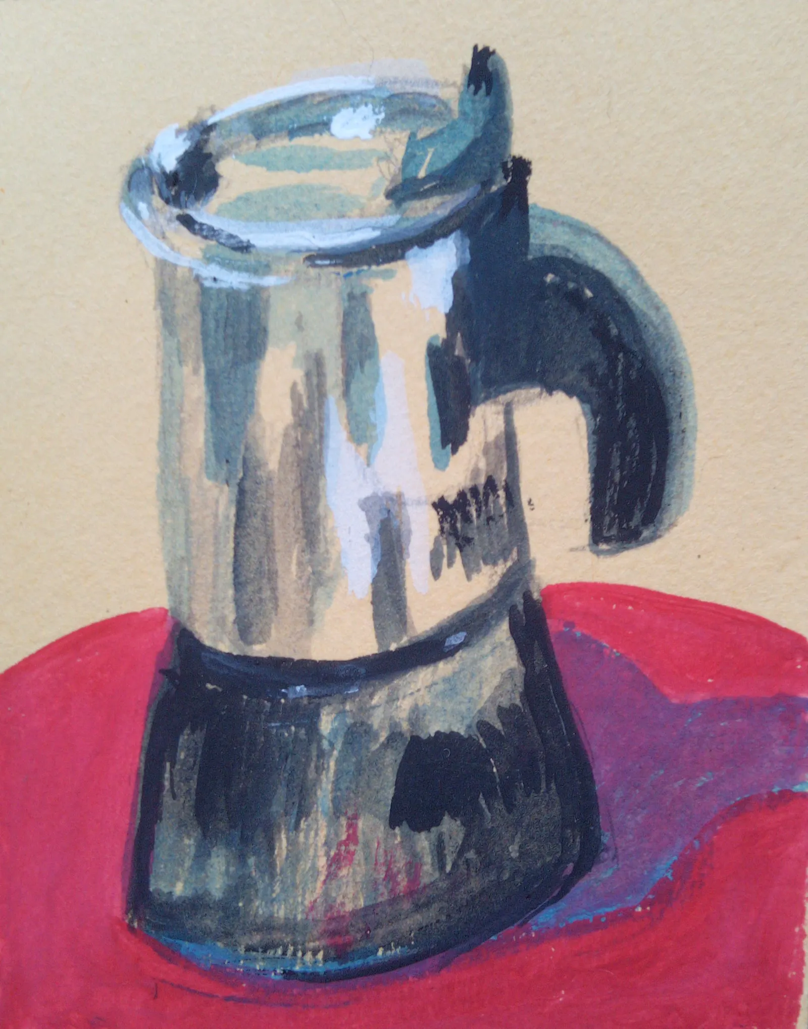 A gouache painting of an Italian coffee pot with black base and silvery top and black curved handle to the right. Sitting on a red ground with blue shadow. Pale cream background on the top from the paper.