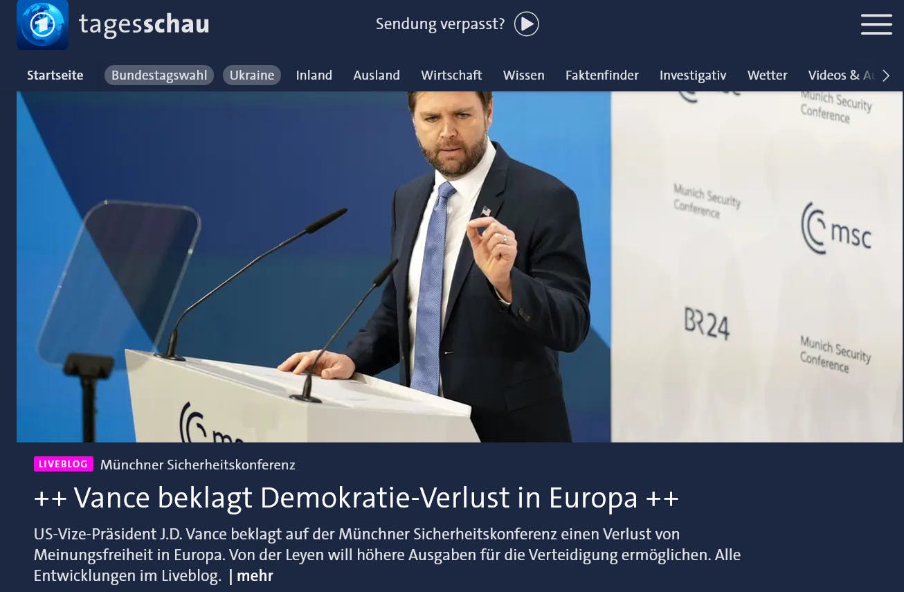 Tagesschau-Startseite mit angezeigtem Liveblog zur Münchner Sicherheitskonferenz. Der tickert gerade ganz groß ++Vance beklagt Demokratie-Verlust in Europa++