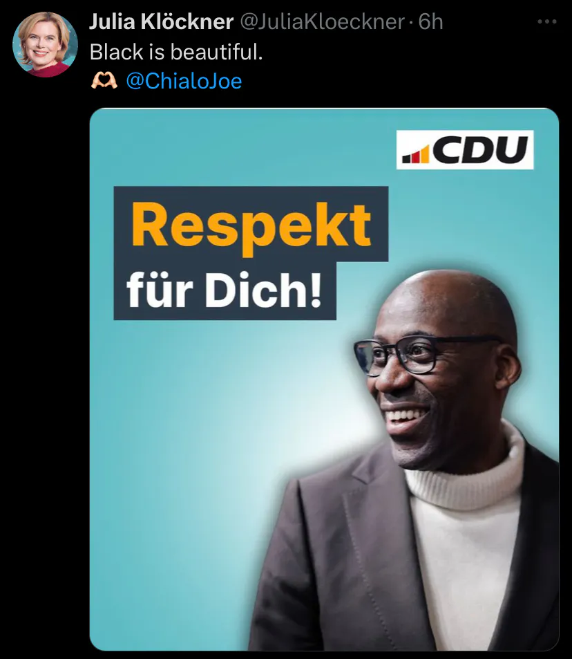 Julia Klöckner tweetet: Black is beautiful.
Darunter ein Sharepic mit dem CDU-Logo, dem Slogan "Respekt für Dich!" und einem Lächelnden Joe Chialo