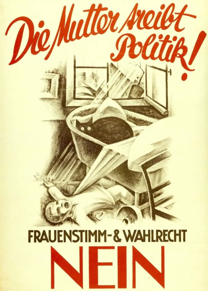 Plakat gegen das Wahlrecht für Frauen