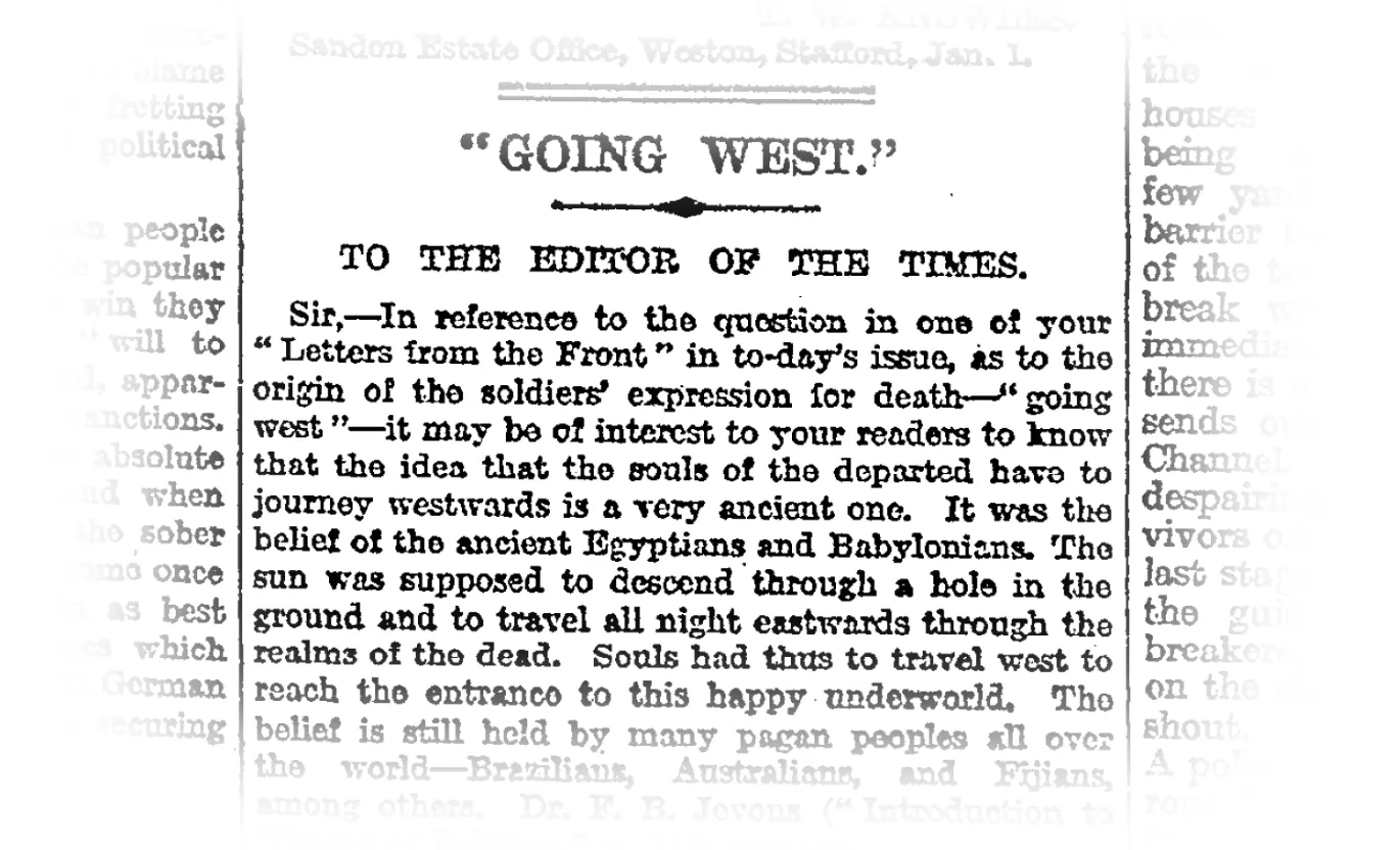 'Going West', letter to the editor of The Times, 4 January 1915
