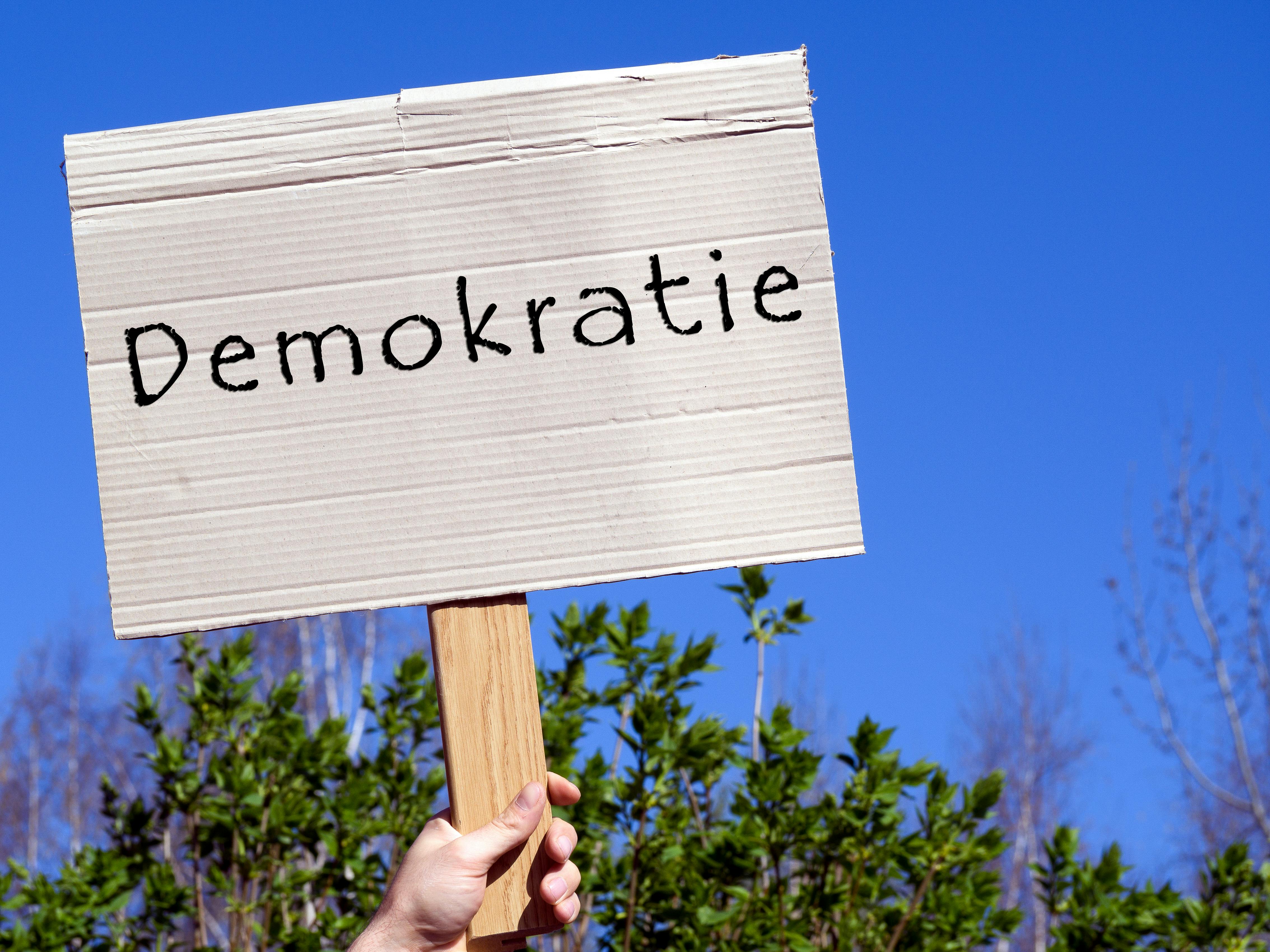 Das Bild zeigt eine Hand, die ein Schild aus Karton in die Höhe hält. Auf dem Schild steht das Wort „Demokratie".