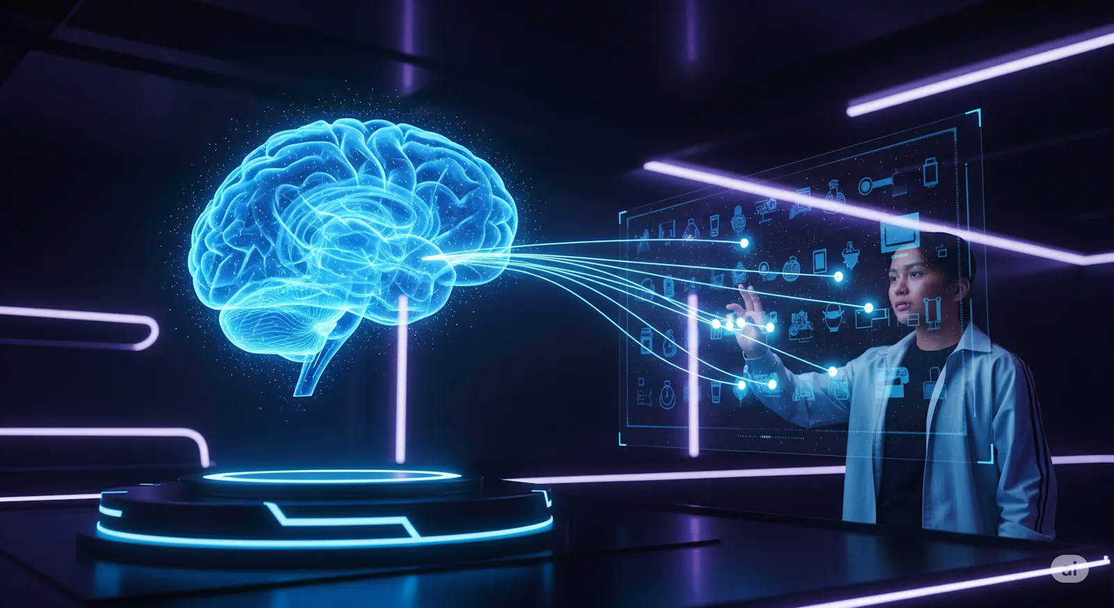 AI Chatbot brain guiding shopper in a futuristic eshop environemnt