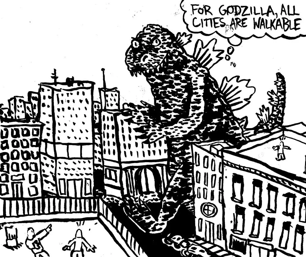 Godzilla läuft in einer Comiczeichnung durch eine Stadt und sagt: For Godzilla, all Cities are walkable.