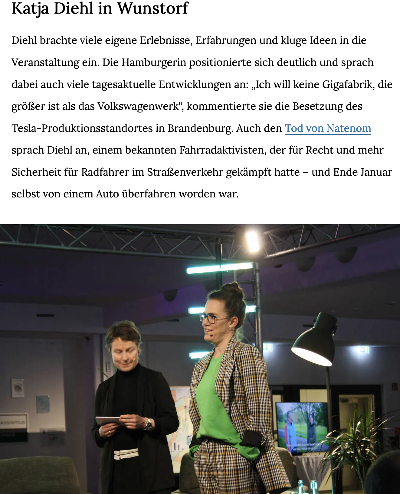 Screenshot vom Artikel:
Katja Diehl in Wunstorf