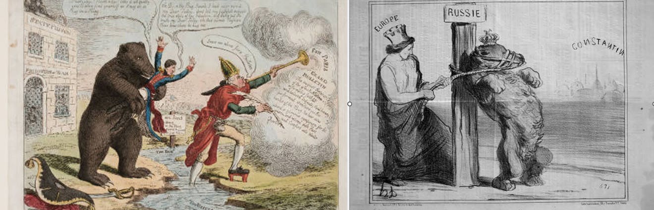 Historische Karikaturen zeigen Russland als Bär, der Napoleon hochhebt und als von Europa an einen Mast gebunden