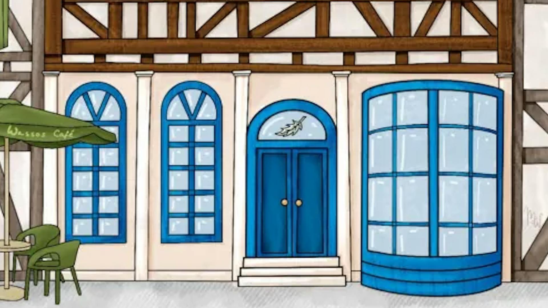 Das Erdgeschoss der Villa aus der Perspektive vom Stadtplatz aus. Eine kleine Treppe führt zur Doppeltür, über der ein halbrundes Fenster mit einem Silberblatt prangt. Rechts wölbt sich ein gläserner Vorbau auf den Gehweg, links zwei hohe Fenster. Oben beginnt das Fachwerk des ersten Obergeschosses. Außerdem befinden sich links noch einfache Stühle und ein Sonnenschirm mit der Aufschrift „Wassos Café“.