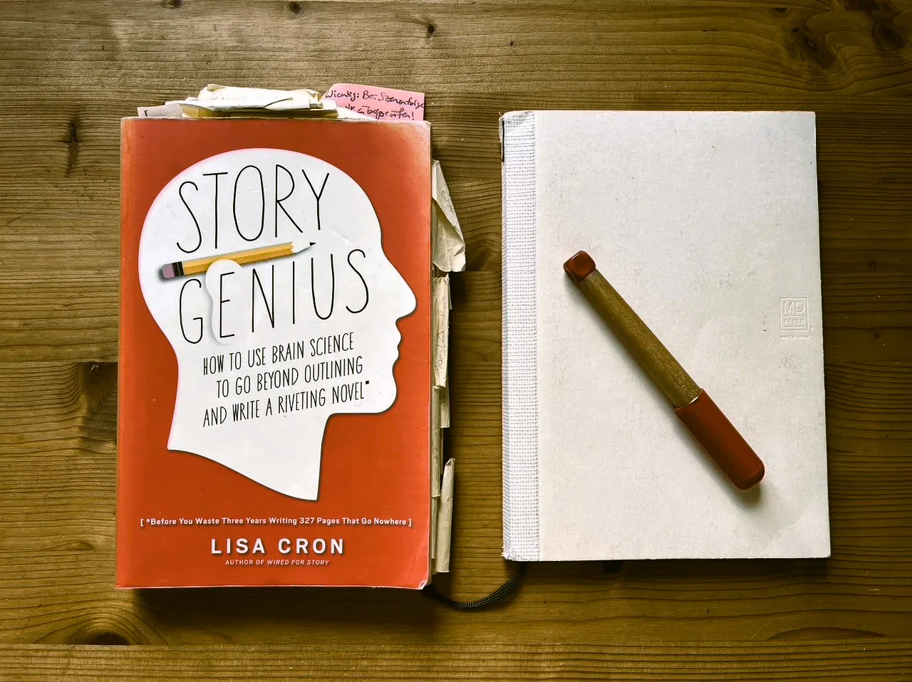 Auf einem Schreibtisch liegt das Buch Story Genius von Lisa Cron, und ein Notizbuch mit einem FĂŒller auf dem Deckel.