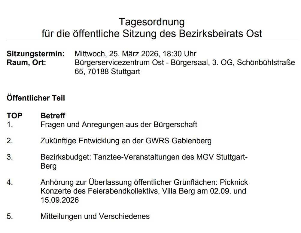Tagesordnung der öffentlichen Sitzung des Bezirksbeirats Stuttgart-Ost am 25. März um 18:30 Uhr.