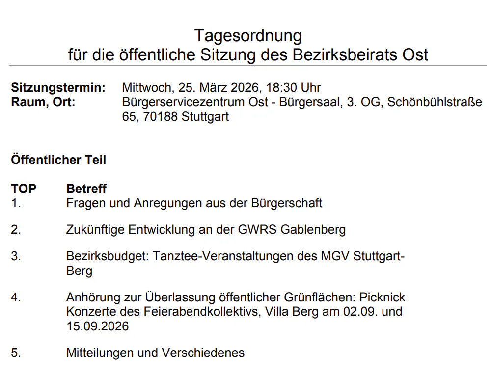 Tagesordnung der öffentlichen Sitzung des Bezirksbeirats Stuttgart-Ost am 25. März um 18:30 Uhr.