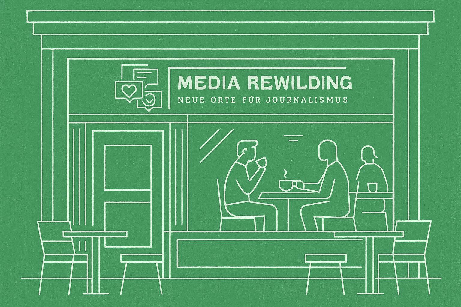 Mit weißen Strichen auf grünem Grund gezeichnetes Straßencafé mit Menschen hinter dem Fenster sitzend unter Logo von Media Rewilding