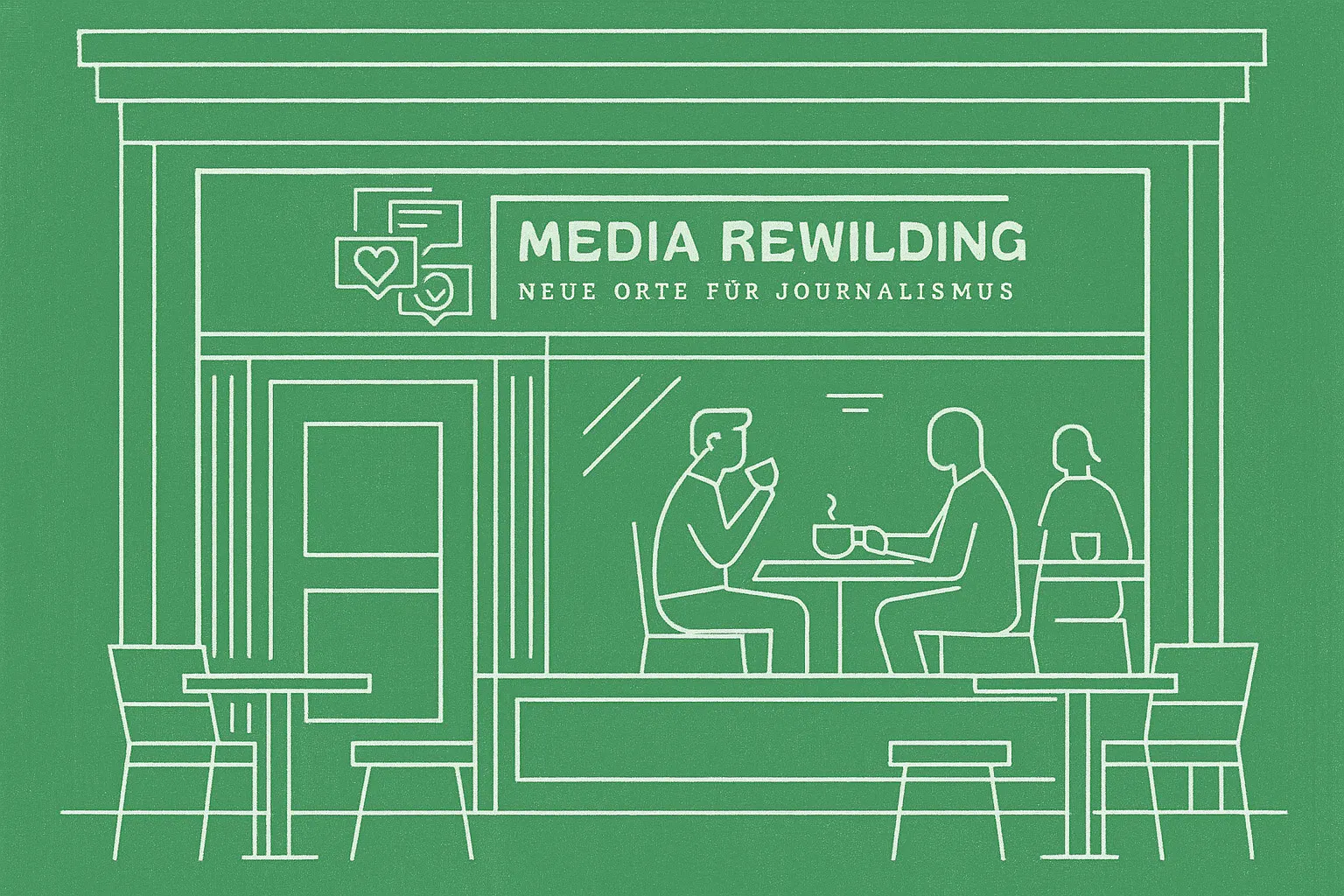 Mit weißen Strichen auf grünem Grund gezeichnetes Straßencafé mit Menschen hinter dem Fenster sitzend unter Logo von Media Rewilding
