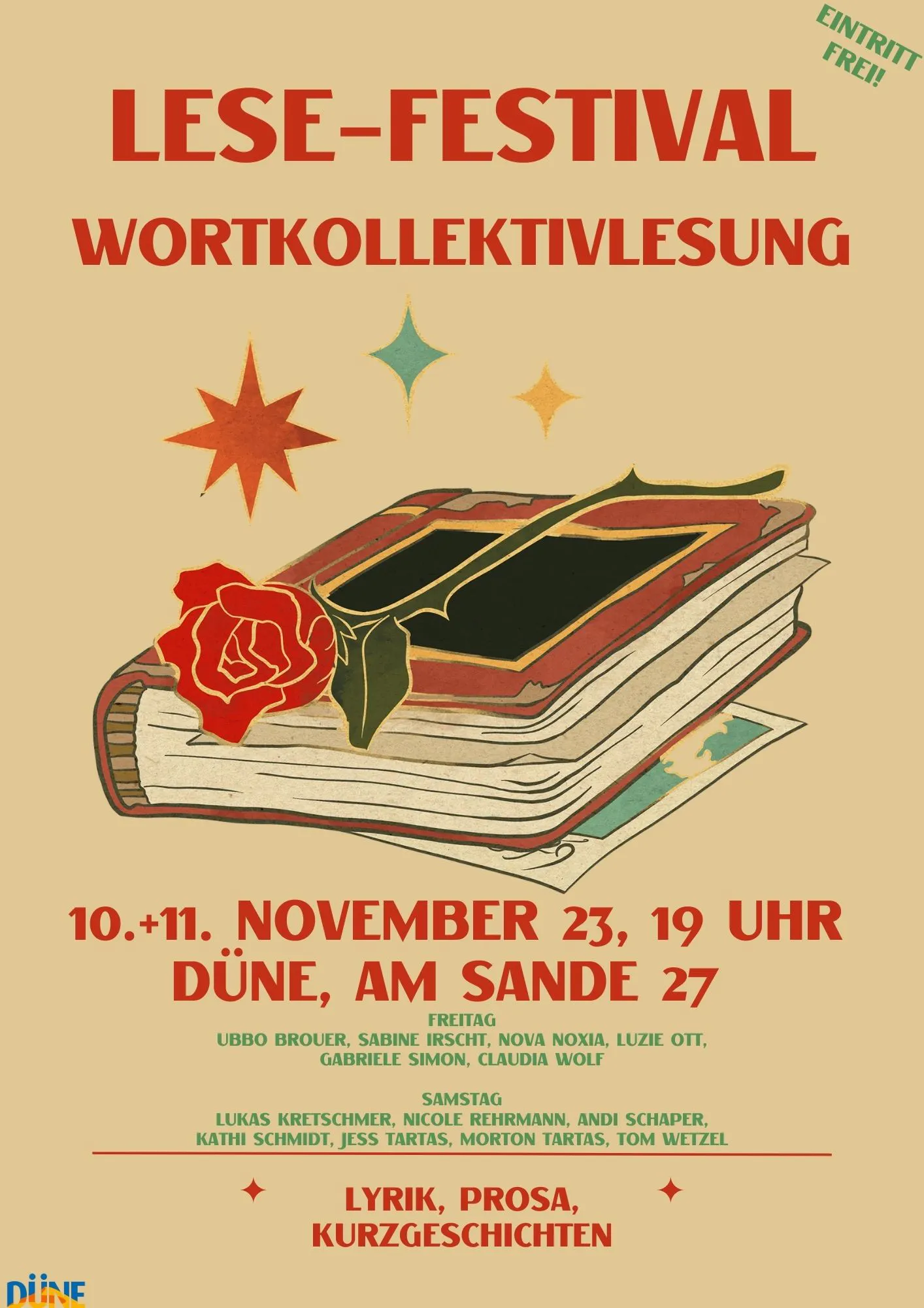 Lese-Festival. Wortkollektivlesung. 10. und 11. November um 19 Uhr. Düne, Am Sande 27. Lyrik, Prosa, Kurzgeschichten