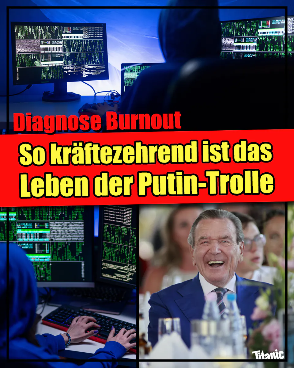 Mehrere Bilder: 1. Person mit Kapuze sitzt in einem dunklen Zimmer vor mehreren Bildschirmen. Die Bildschirme zeigen grüne Codereihen. 2. Lachender Gerhard Schröder
Text: Diagnose Burnout. So kräftezehrend ist das Leben der Putin-Trolle