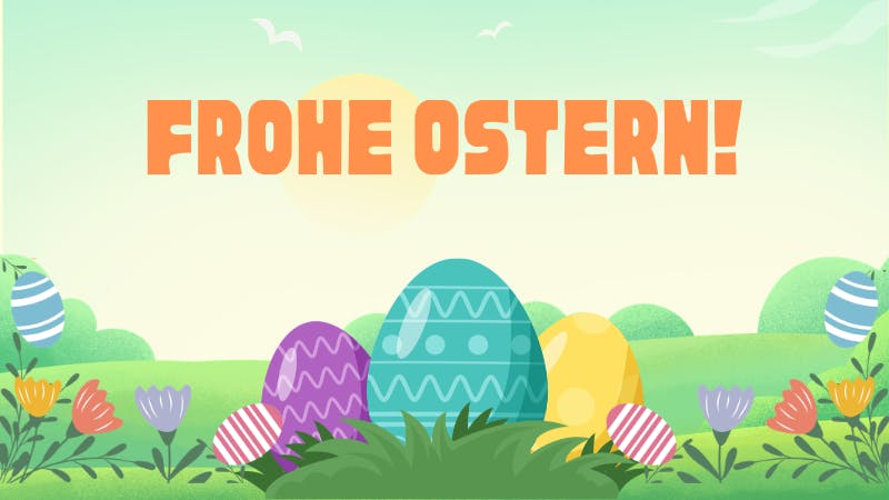 Bunte Zeichnung mit Ostereiern und Blumen und der Aufschrift "Frohe Ostern!"