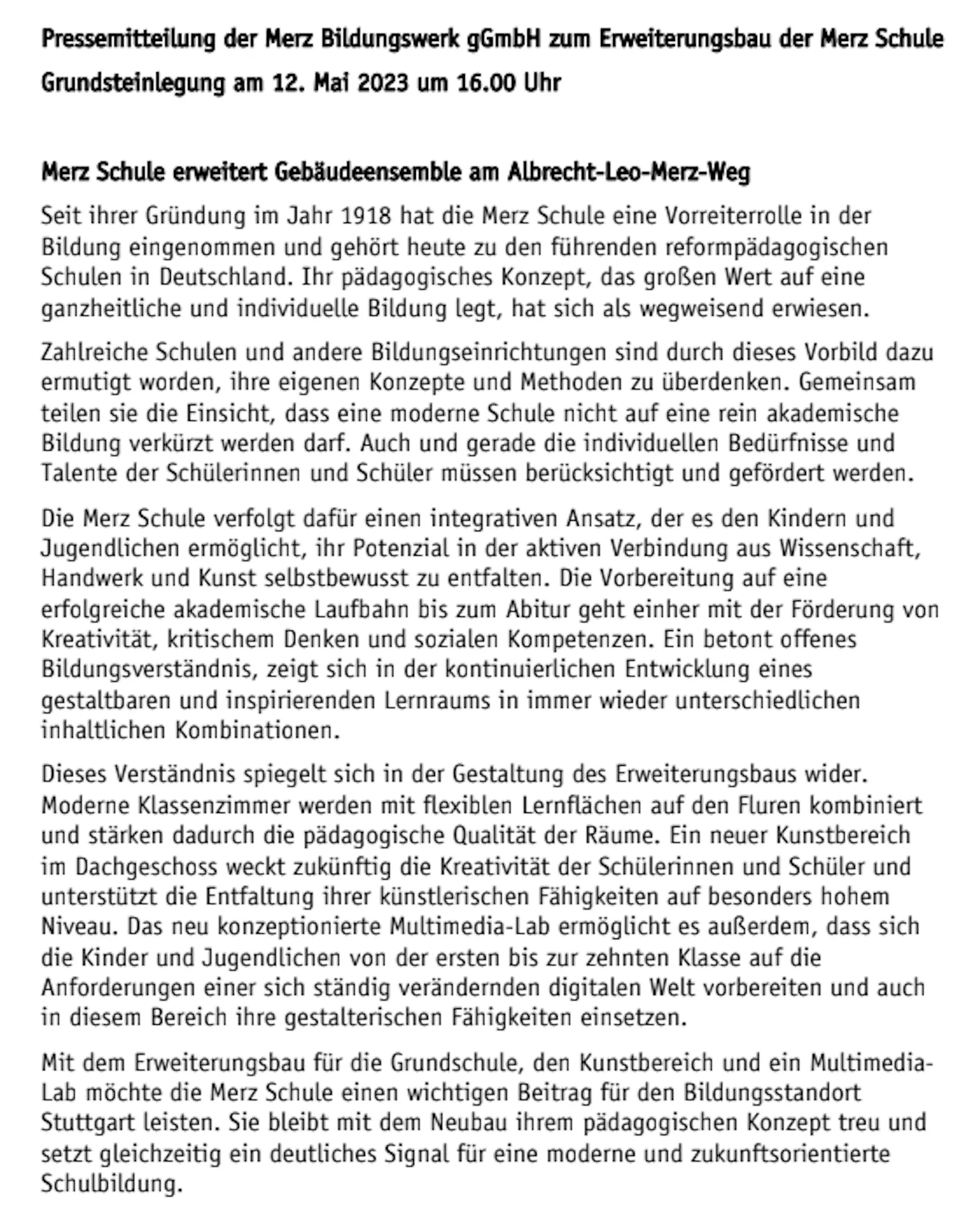 Pressemitteilung der Merz Bildungswerk gGmbH zur Grundsteinlegung für den Erweiterungsbau für die Merz Schule.