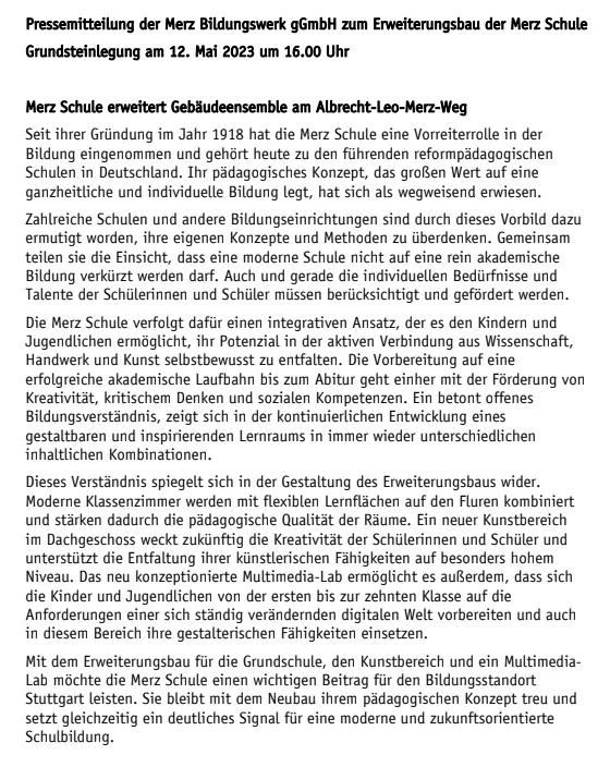 Pressemitteilung der Merz Bildungswerk gGmbH zur Grundsteinlegung für den Erweiterungsbau für die Merz Schule.