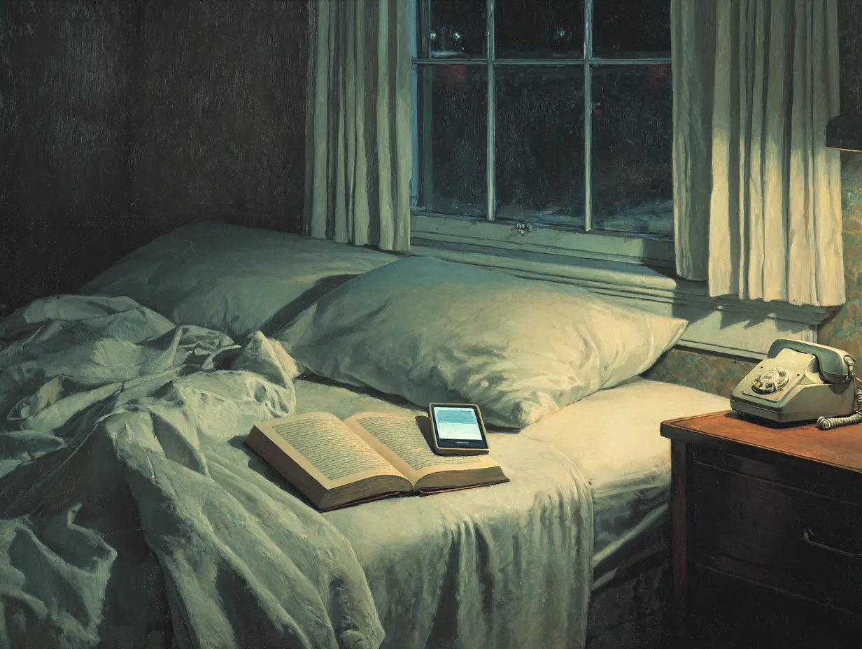 Ein Handy und ein Buch liegen auf einem Bett